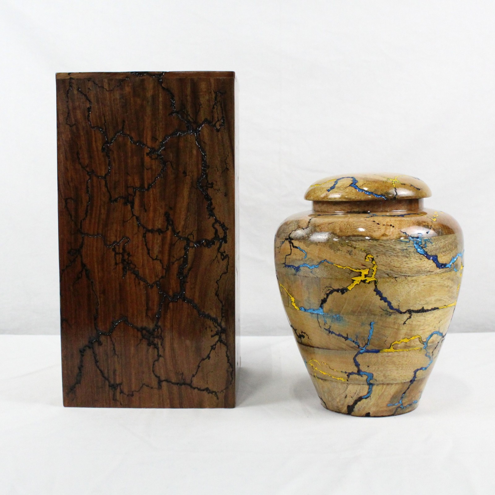 Assorted Fractal Burn Design Wooden Decorative Cremation Urns Lot of 2
