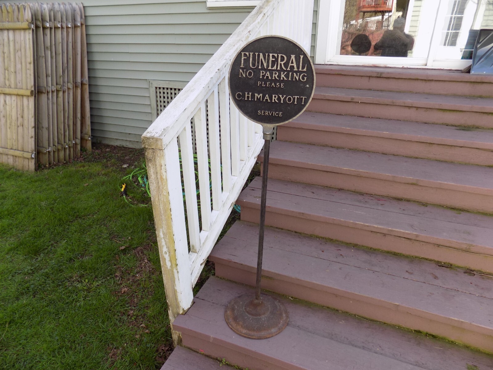 Vintage Funeral No Parking CH Maryott Cast Metal Lollipop Double Sided Sign