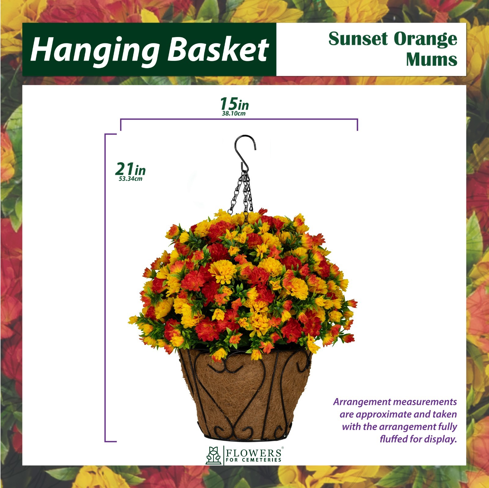 Artificial Cemetery Flowers – Sunset Orange Mums Hanging Basket