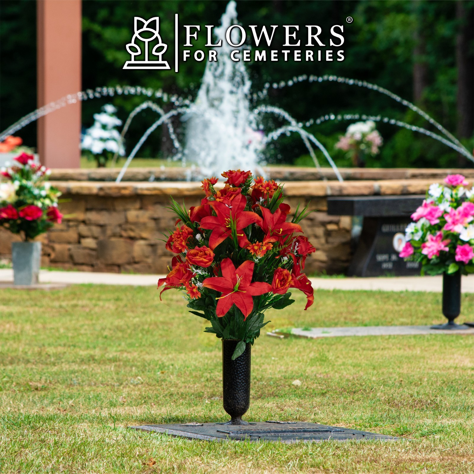 Artificial Cemetery Flowers for Vase – Fire Red Lily, Rose, and Daisies