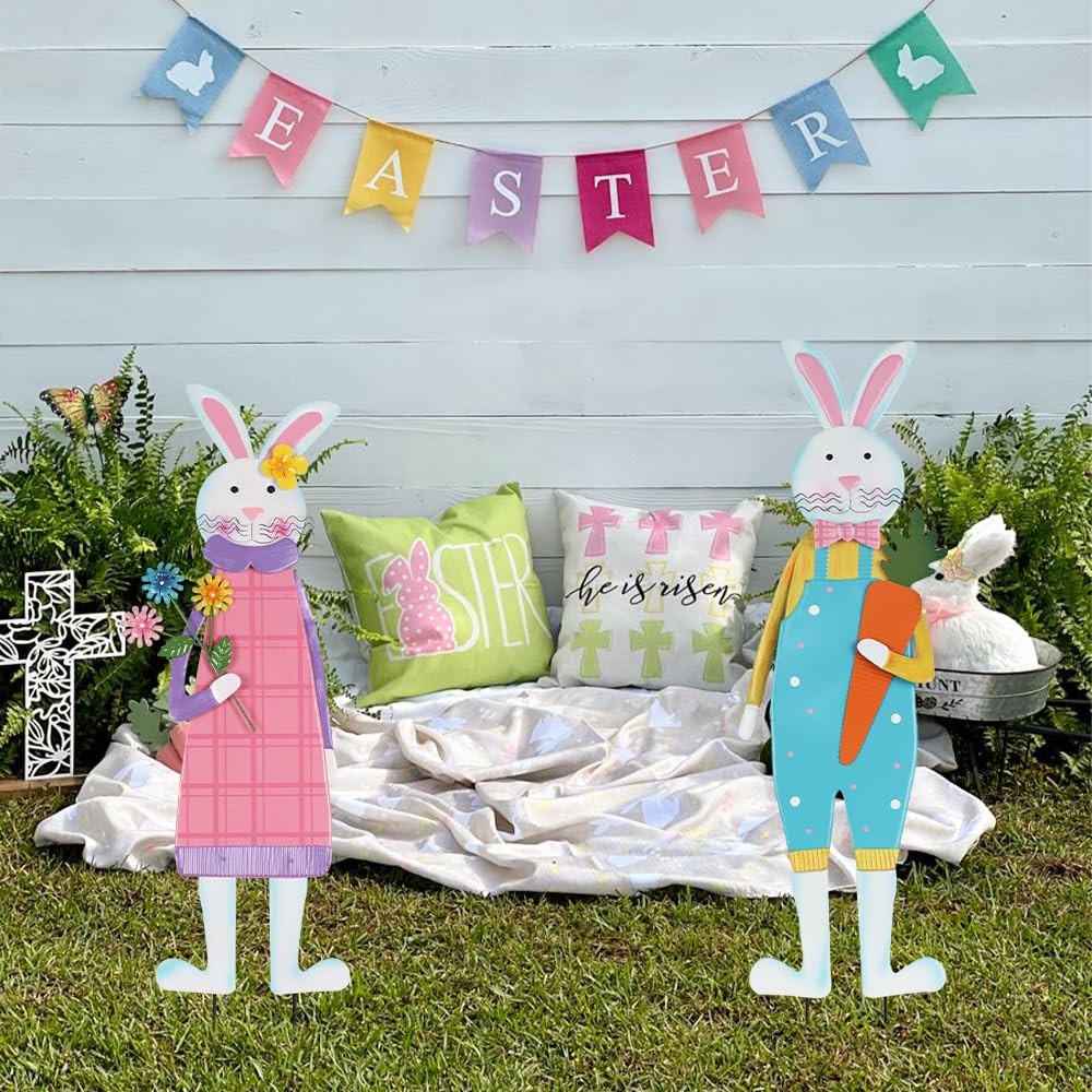Easter Decorations Outdoor, Set of 2 Metal Bunny Decorative Garden Stakes for…