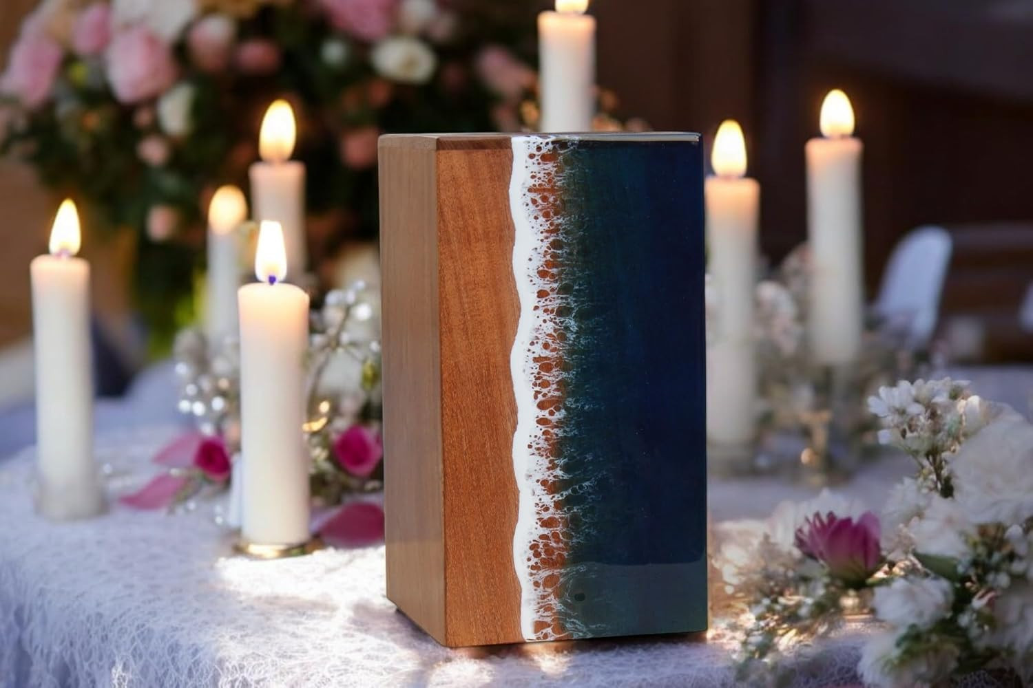 Ocean Wooden Resin Urn | Modern, Small, Adult Male Urn | 50 lbs Capacity