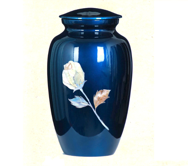 Mother of Pearl Rose Inlay Royal Blue Adult Cremation Urn, Metal, Free Shipping