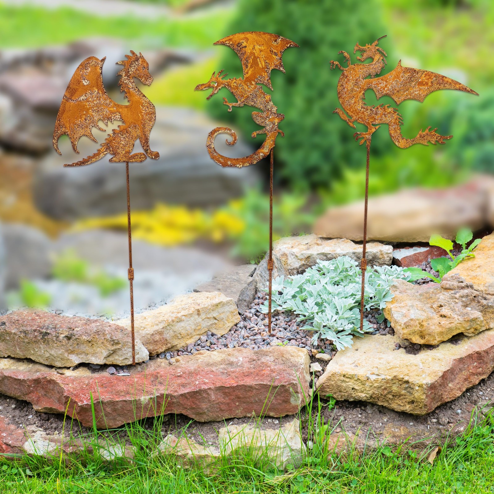 Rusty Fantasy Dragon Garden Stakes Decor, 24 Inch Metal Yard Art Decor