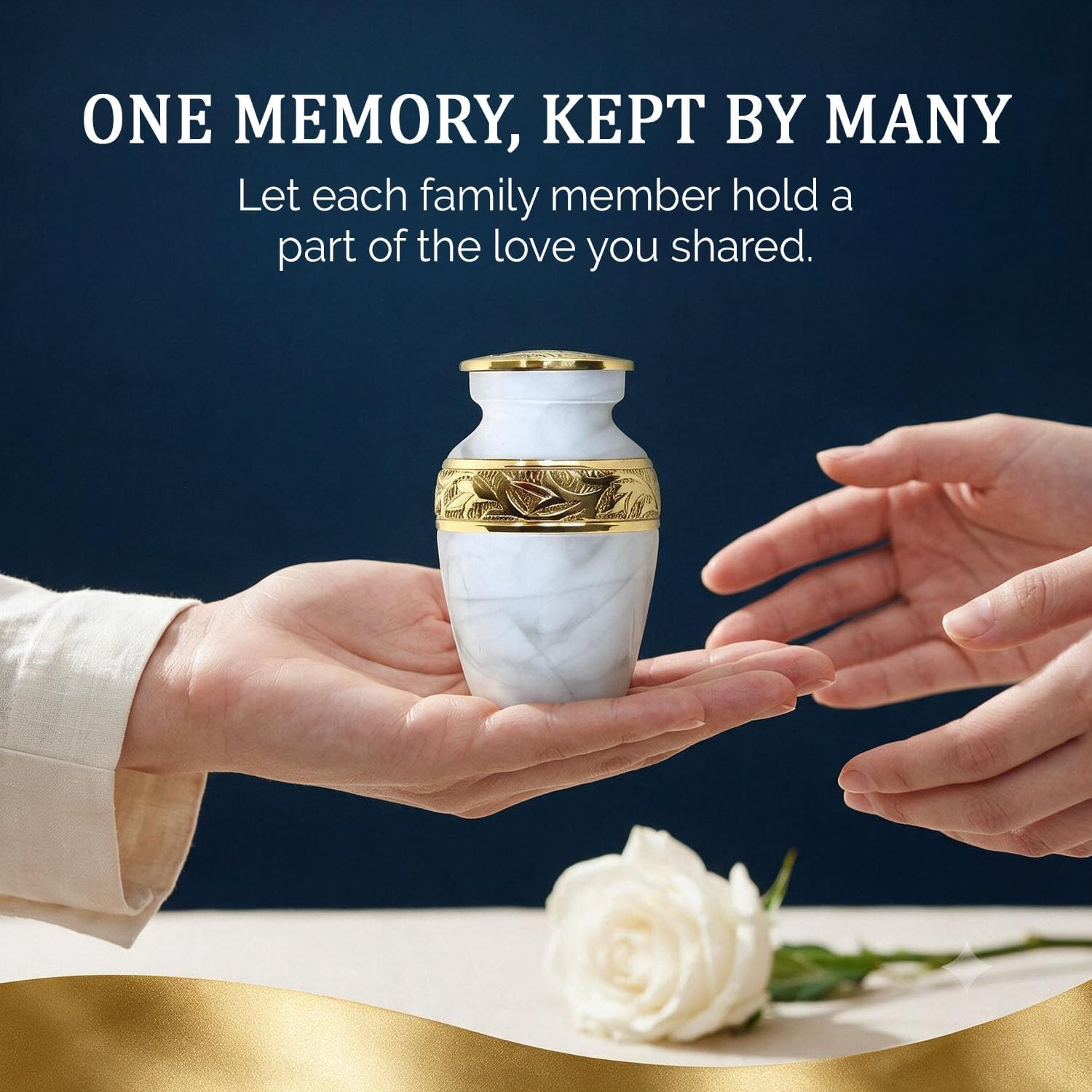 Small Urns for Human Ashes Keepsake – Handcrafted White Memorial Urn with Brass
