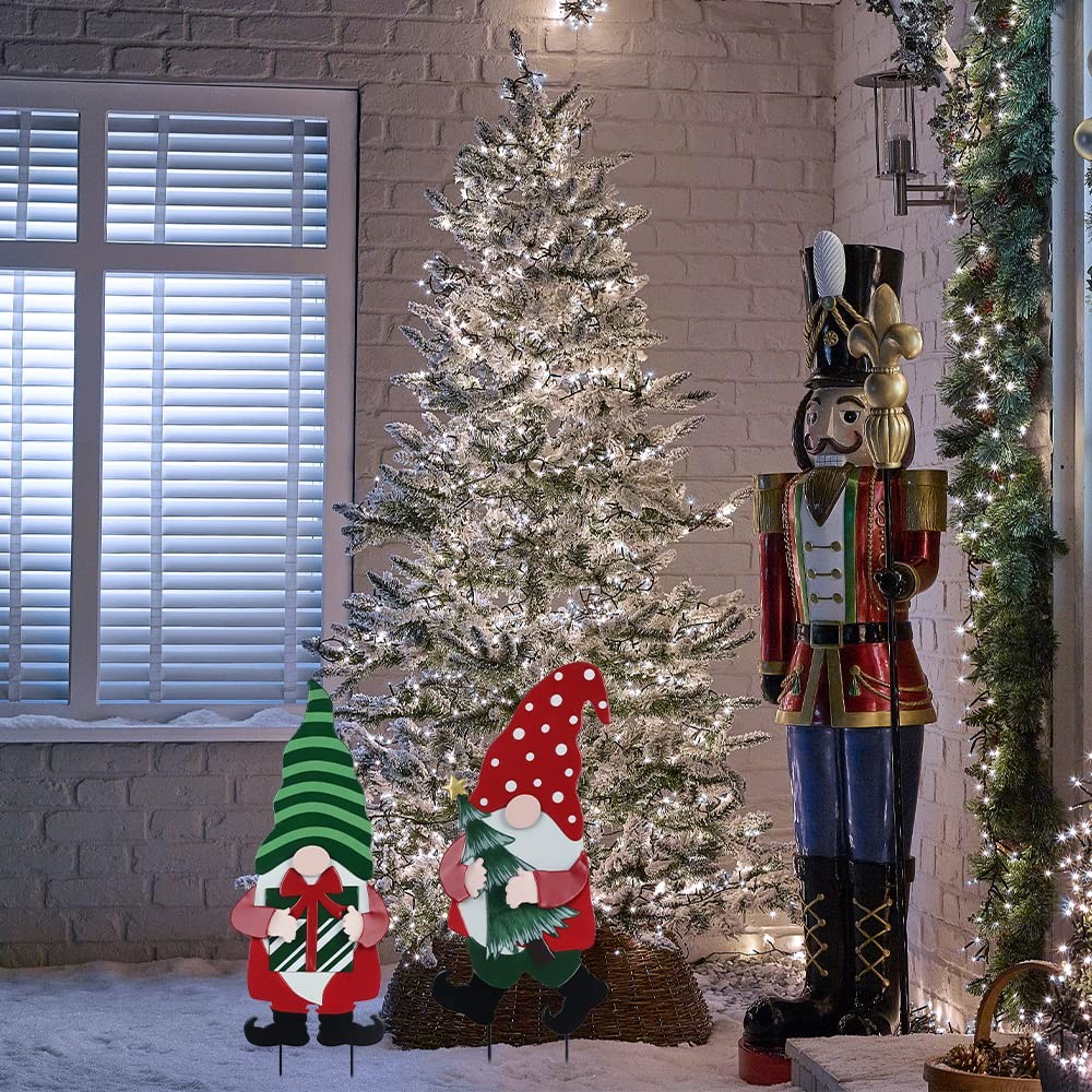 2 Pack Metal Gnomes Outdoor Christmas Decorations Yard Signs for Garden Lawn