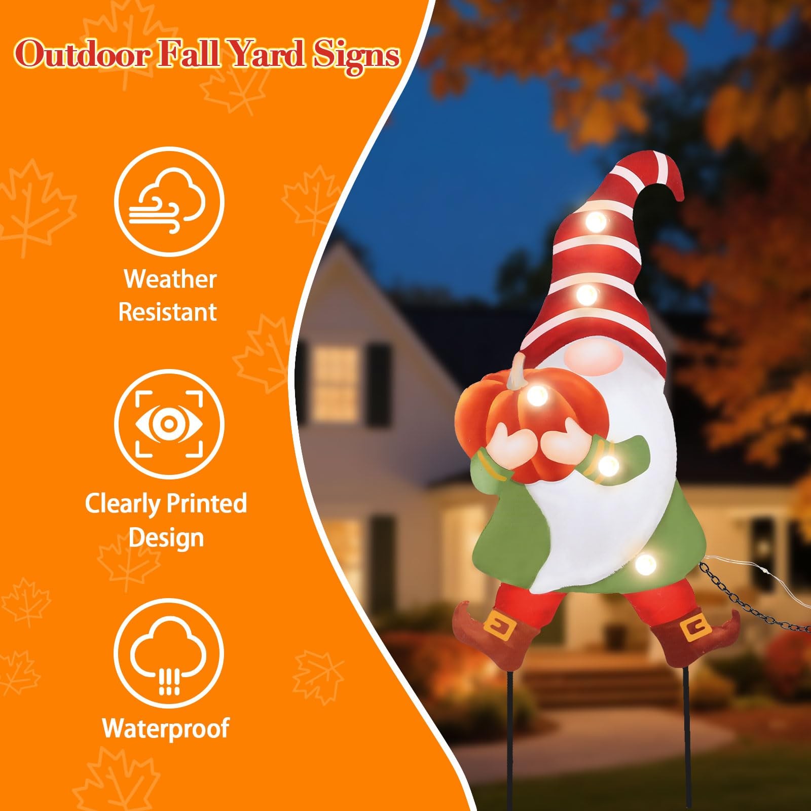 3 PCS Fall Yard Sign Metal Gnomes Decorative Garden Stakes with Led Lights Au…