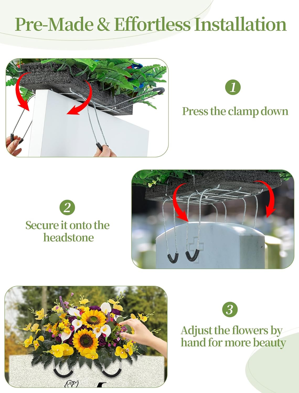 Artificial Headstone Flower Saddle: Rose Sunflower Cemetery Flowers for Grave –