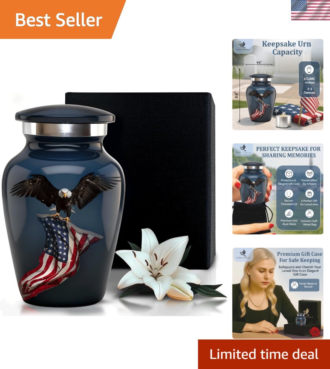 Small Urns for Human Ashes – Patriotic Eagle with Flag Design – Mini Memoria…