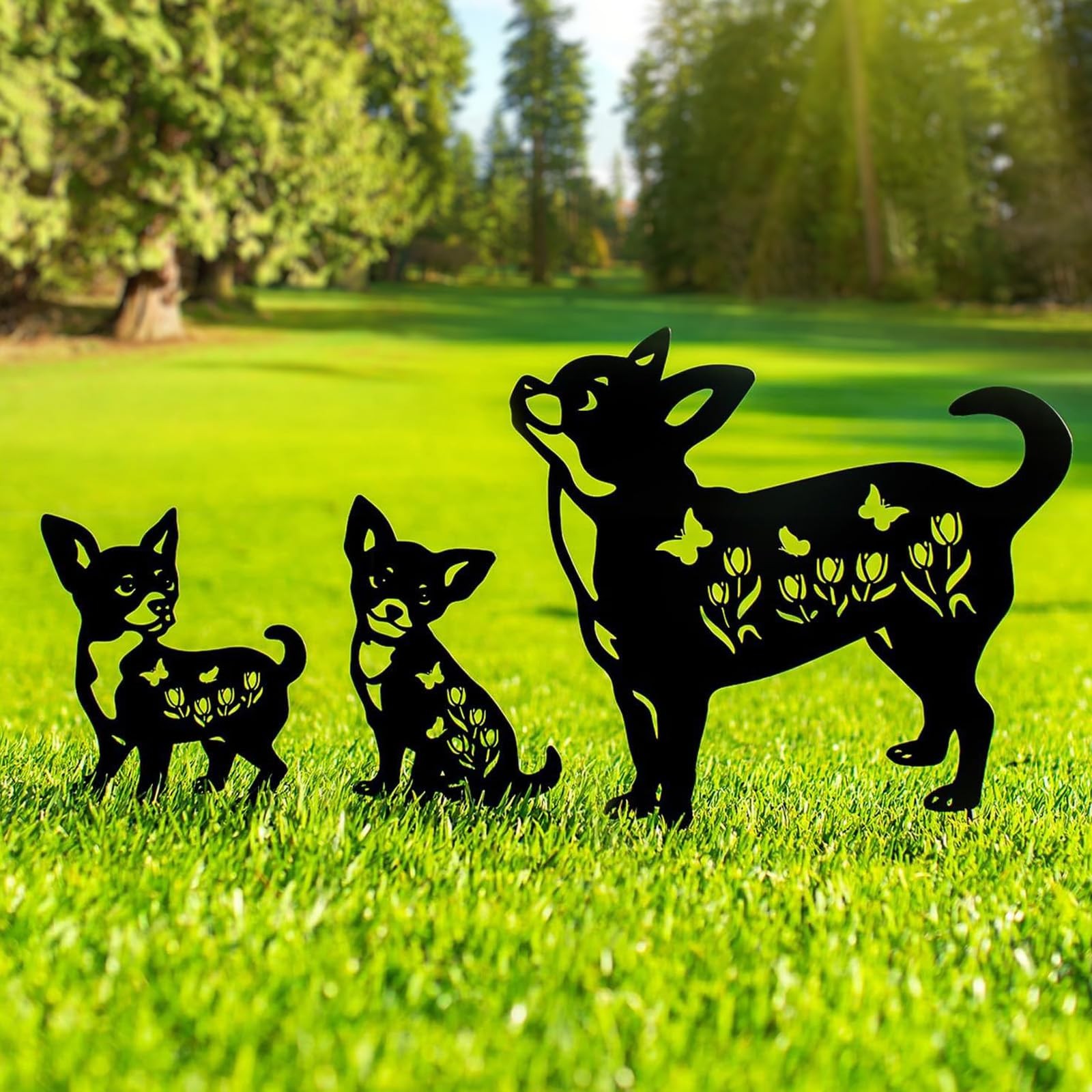 3 Pack Metal Dog Garden Stake, Decorative Chihuahua Statue, Black Dog Silhoue…
