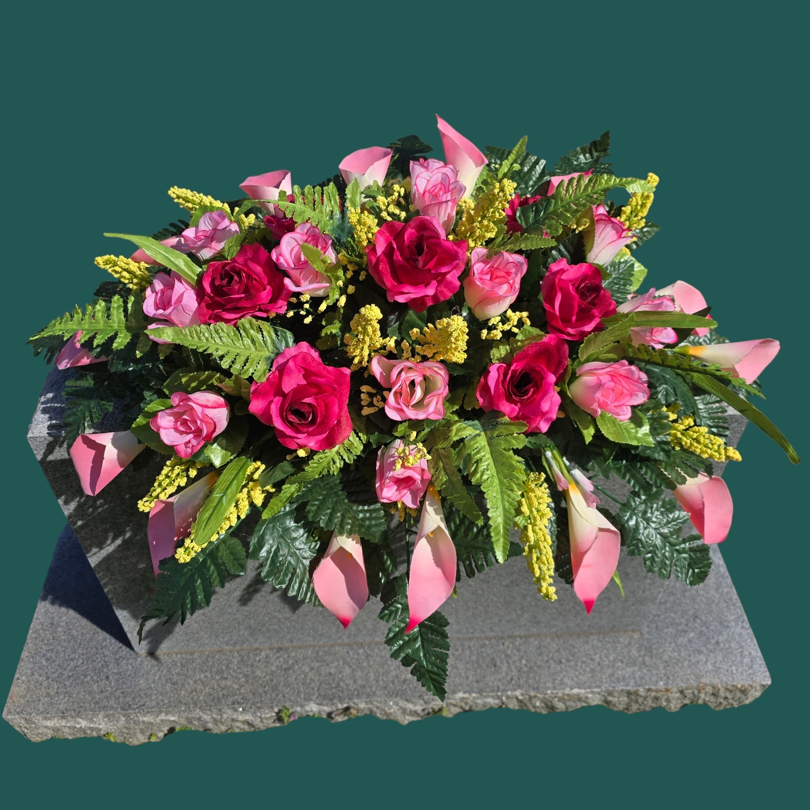 BEAUTY PINK HEADSTONE SADDLE WITH BEAUTY ROSES AND CALLA LILY’S FOR CEMETERY