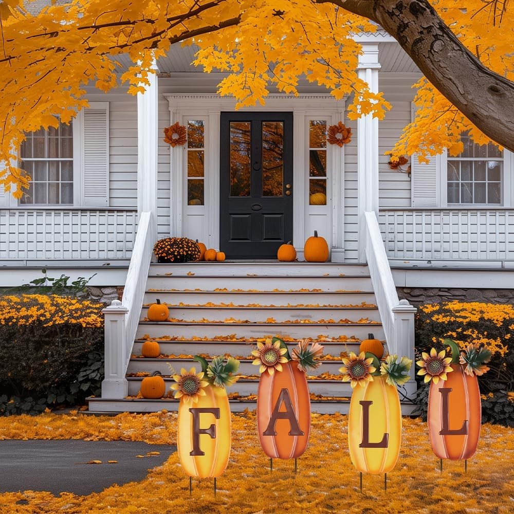 Outdoor Fall Thanksgiving Decorations for Home, 4 PCS Metal Pumpkin Decorativ…