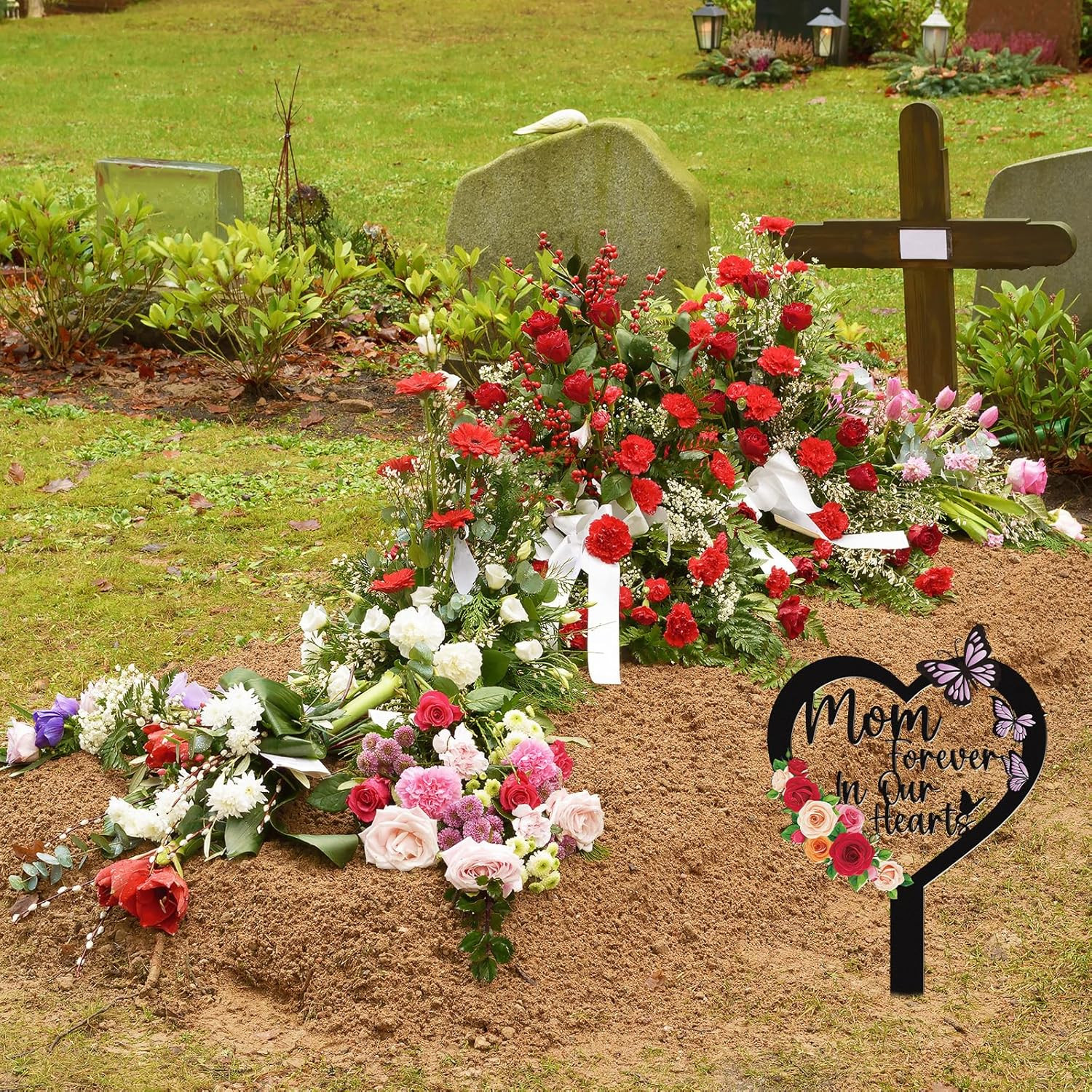 Mom Grave Decorations for Cemetery, Mom Forever in Our Hearts Sympathy Memorial