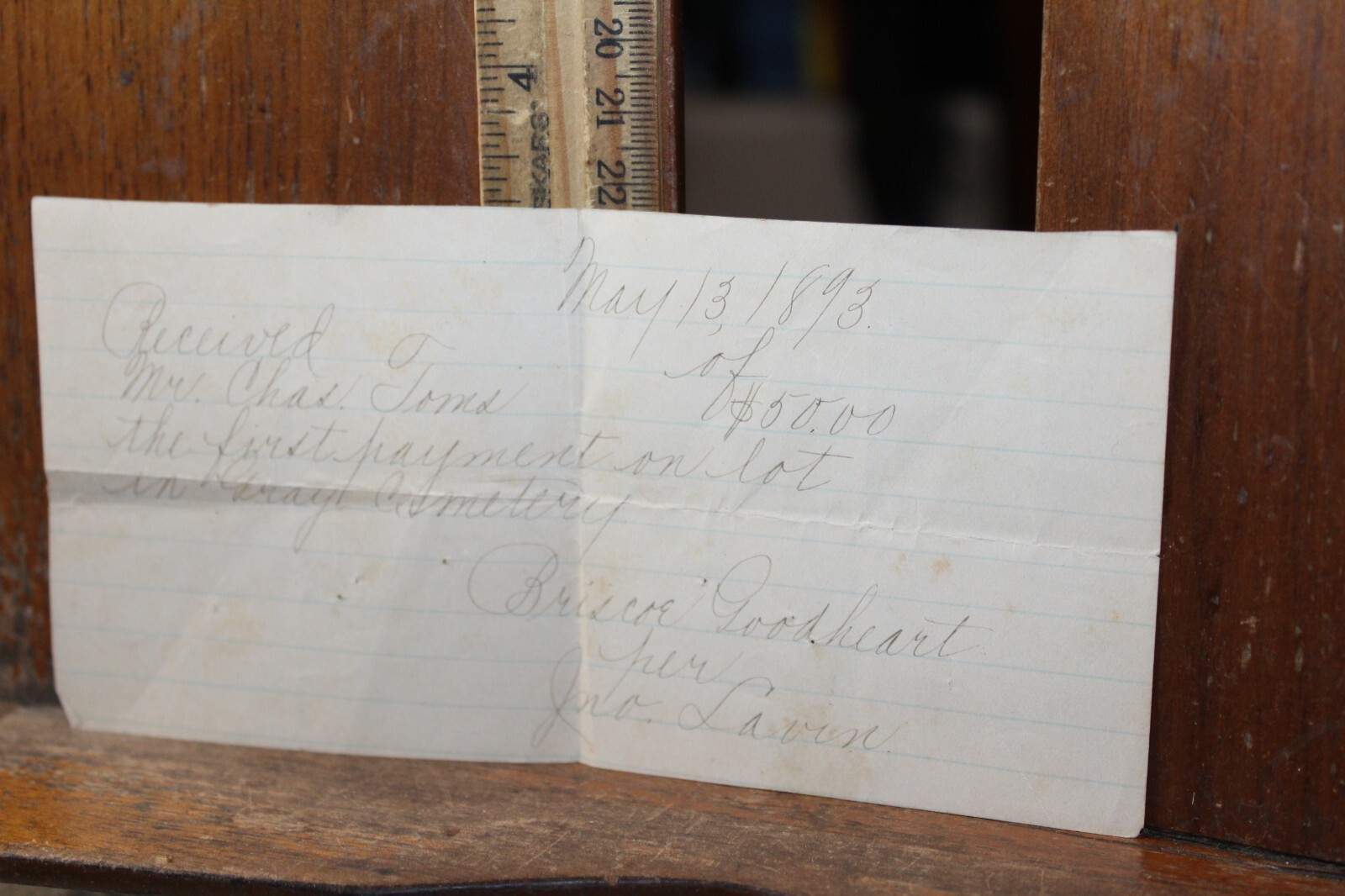 Antique Receipt Gray Cemetery Knoxville Tennessee May 13, 1893 Chas. Toms