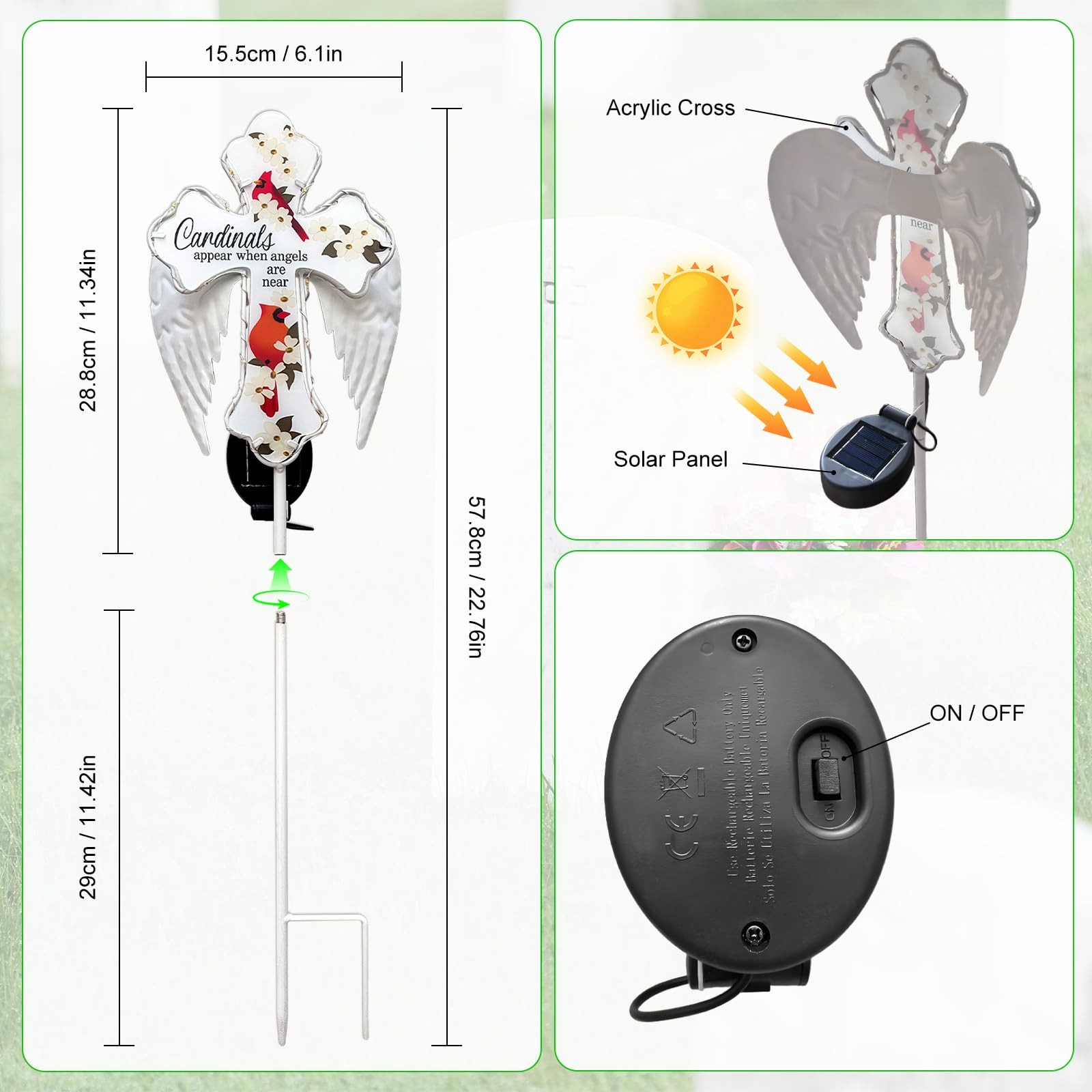 Solar Cross Garden Light, Waterproof Acrylic Metal Angel Wings Solar Cardinal…