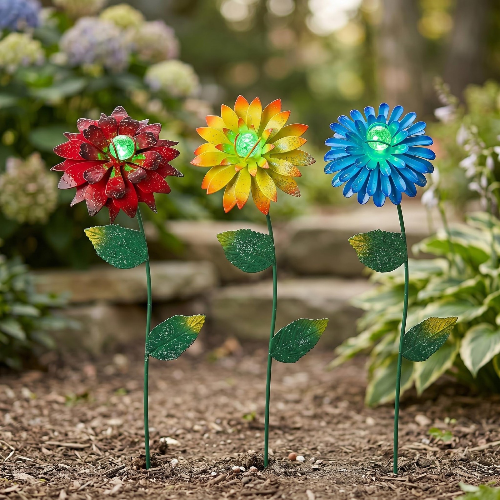 3 Pack Glow in The Dark Metal Flower Garden Stakes – 14-Inch Waterproof Rust-…