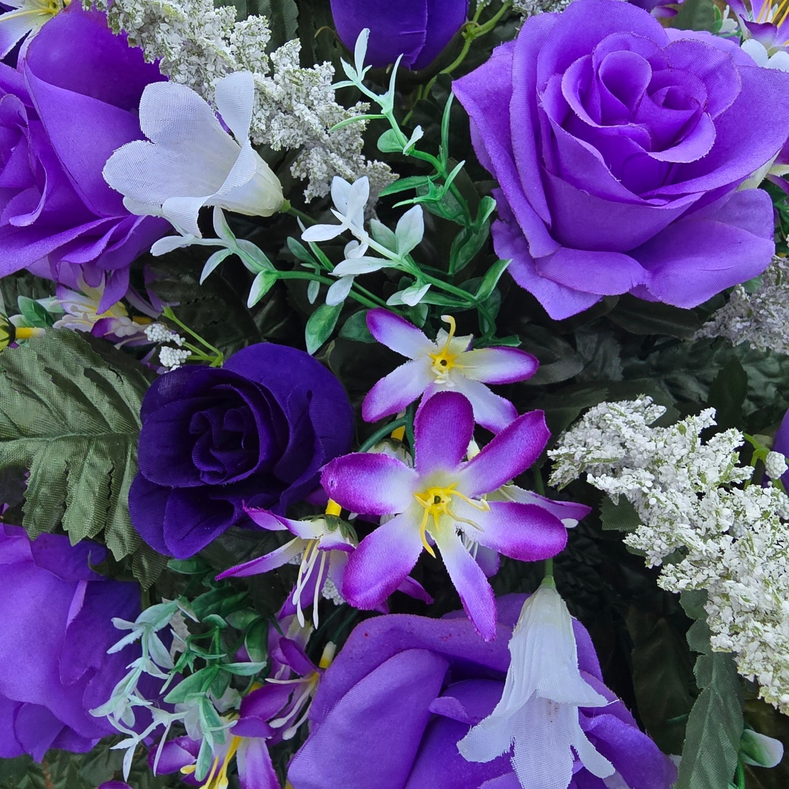 PURPLE HEADSTONE SADDLE WITH PURPLE ROSES & CALLA LILY’S FOR CEMETERY