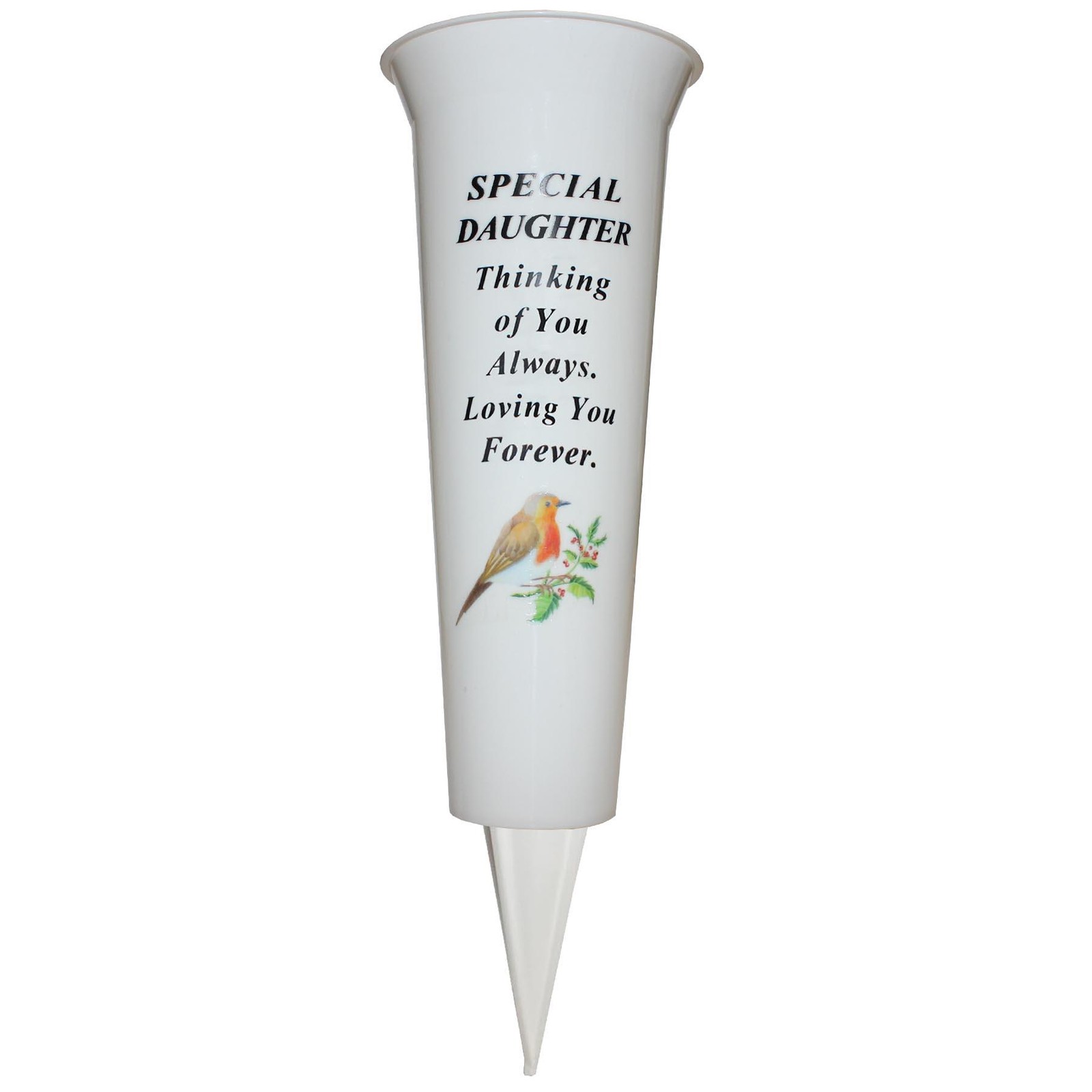 Memorial Graveside Flower Vase with Spike Robin Image – Special Daughter
