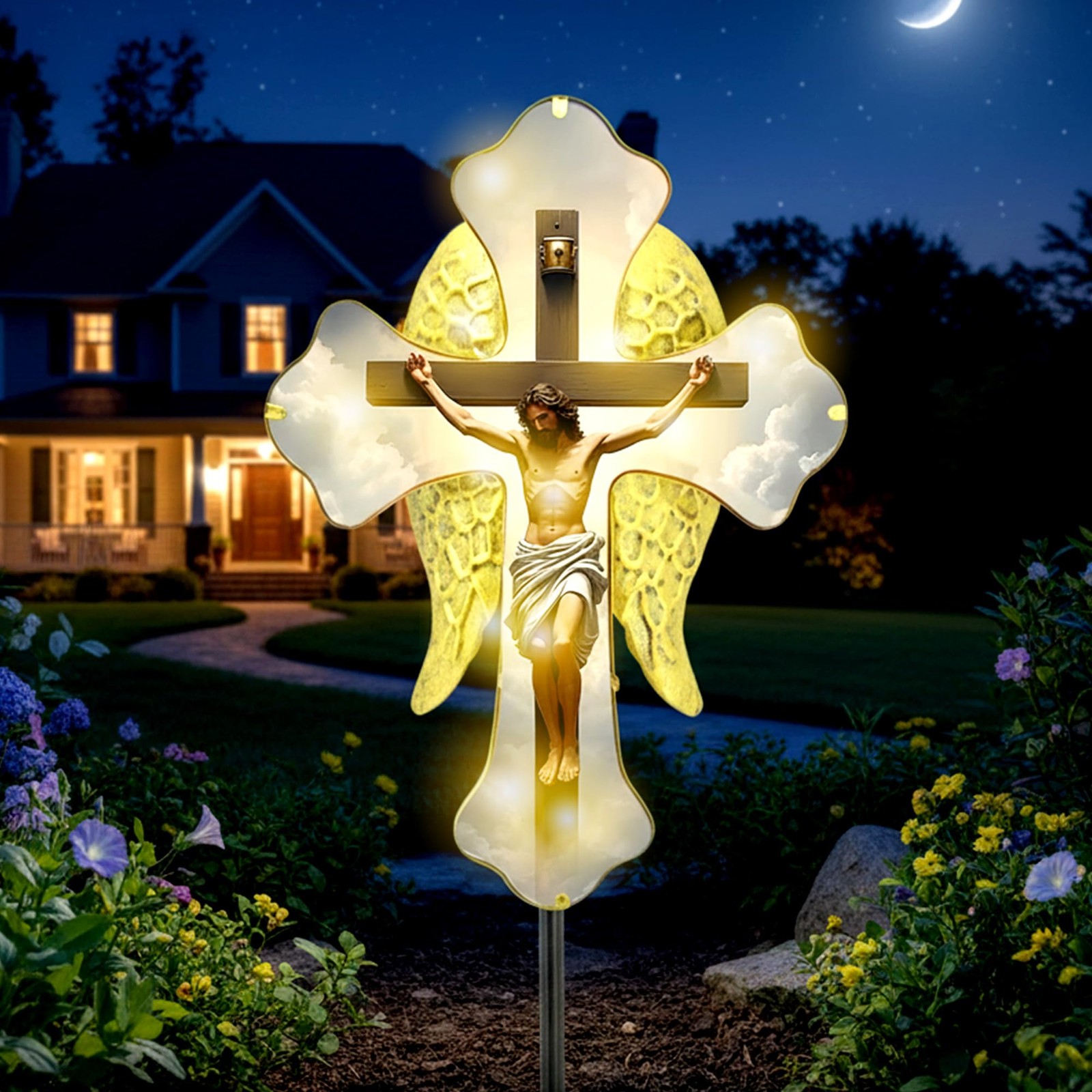 Outdoor Solar Jesus Cross Stake Light for Cemetery Decor and Christmas Yard