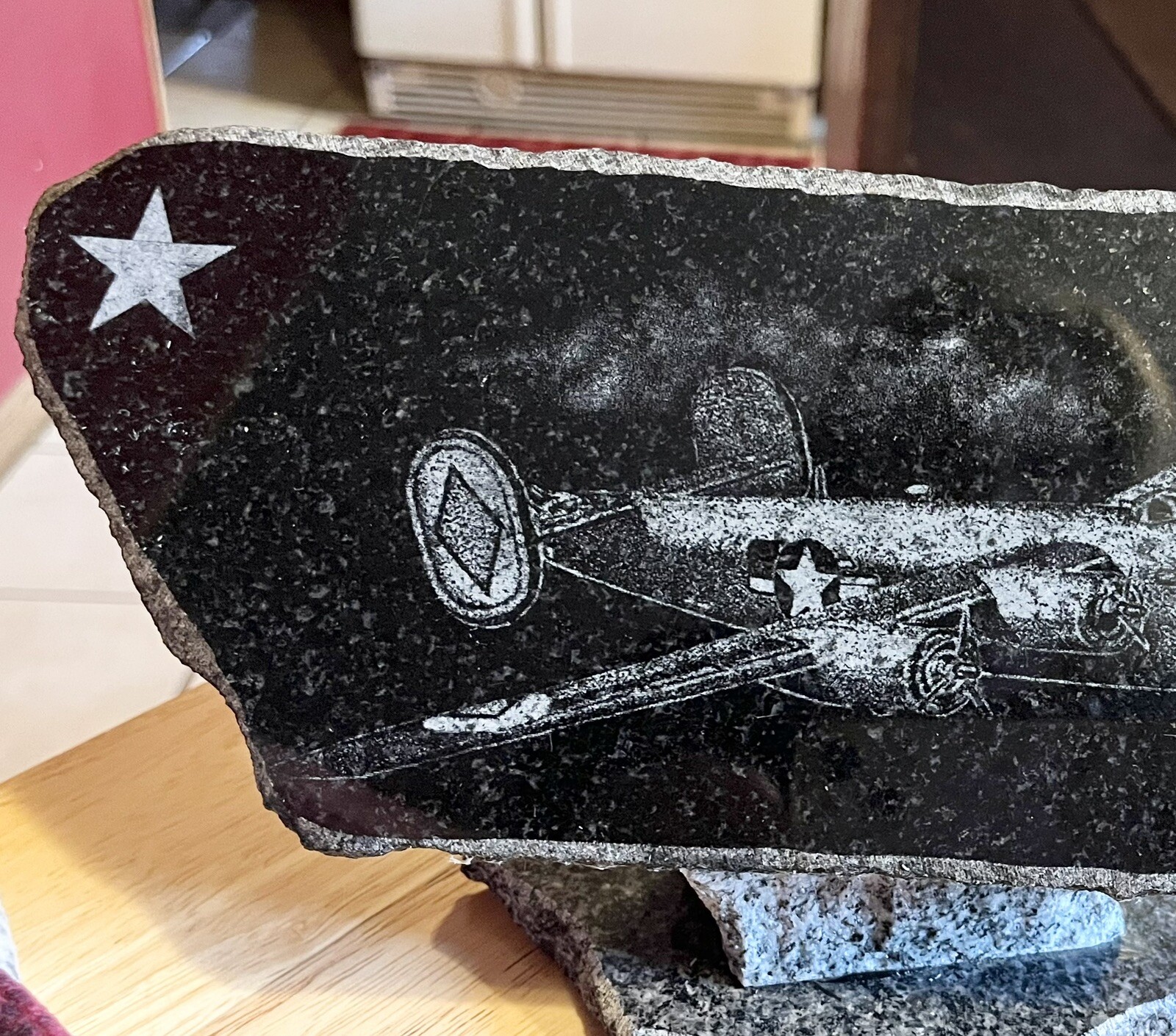 Granite Etched Memorial On Pedestal WWII Fighter Jet Stars Military Table Top