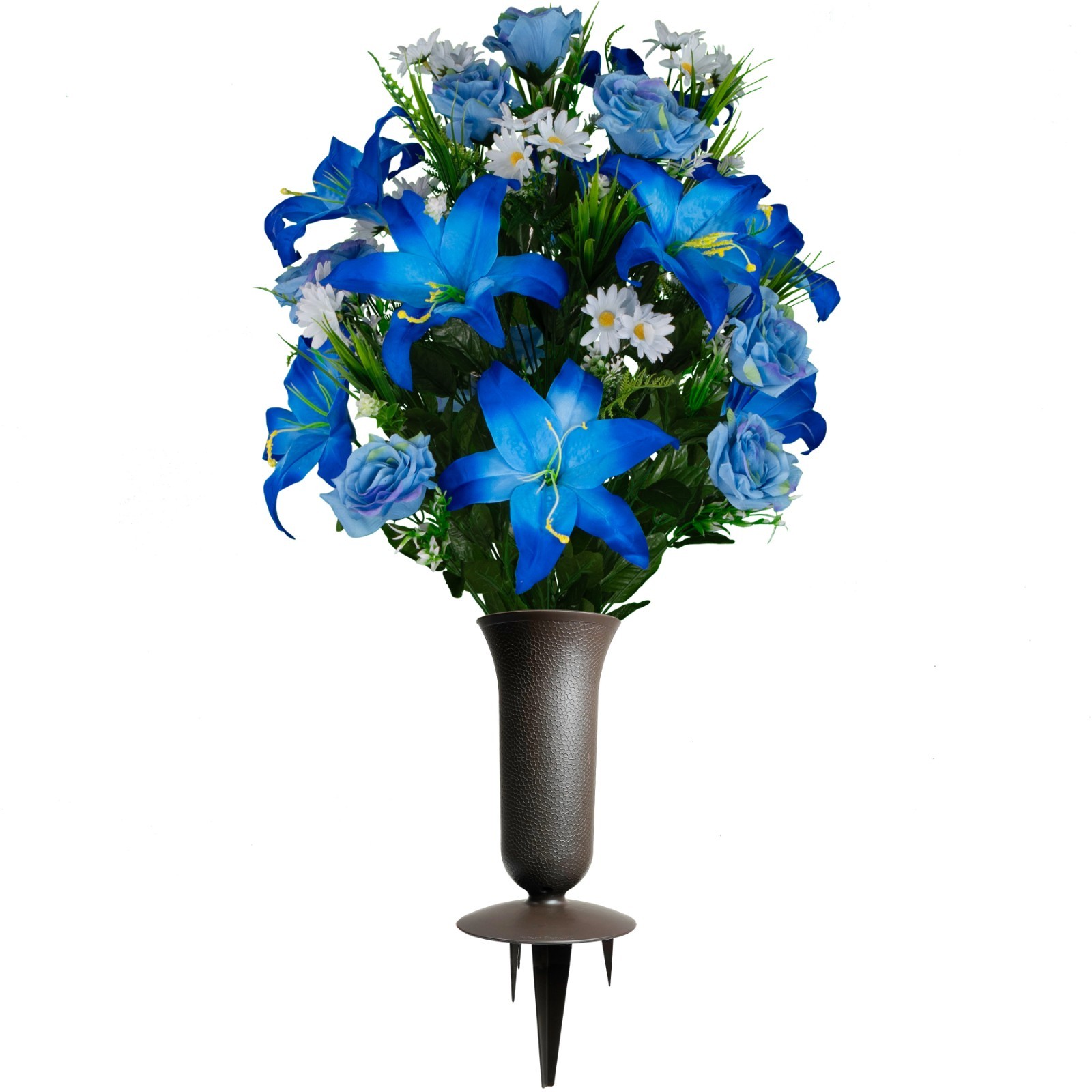 Artificial Cemetery Flowers – Blue Lily and Rose with White Daisies with Vase