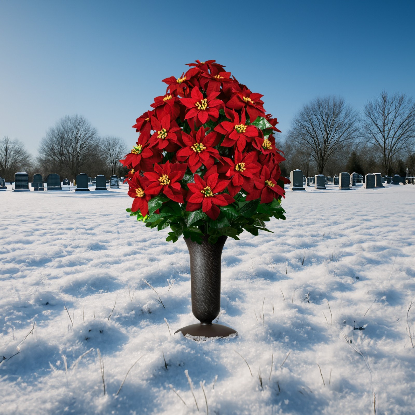 Artificial Gravesite Flowers – Red Poinsettia Bouquet and Vase