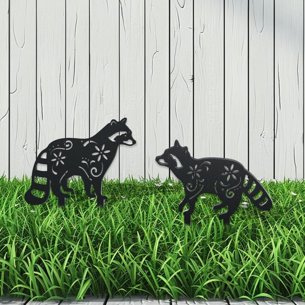 2Pcs Raccoon Metal Decorative Garden Stakes, Black Raccoon Silhouette Metal O…