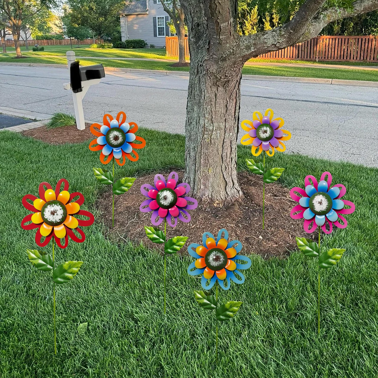 Metal Flower Garden Stakes Set of 6, Outdoor Yard Art Decorations, Hand-Paint…