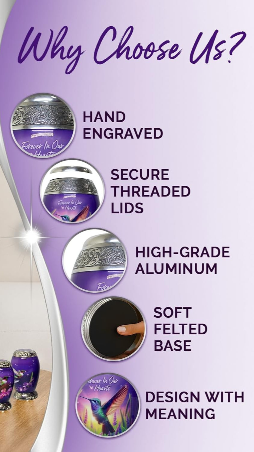 Set of 6 Purple Hummingbird Urns for Ashes 3 Sizes: 1 Large + 4 Mini +1 Necklace