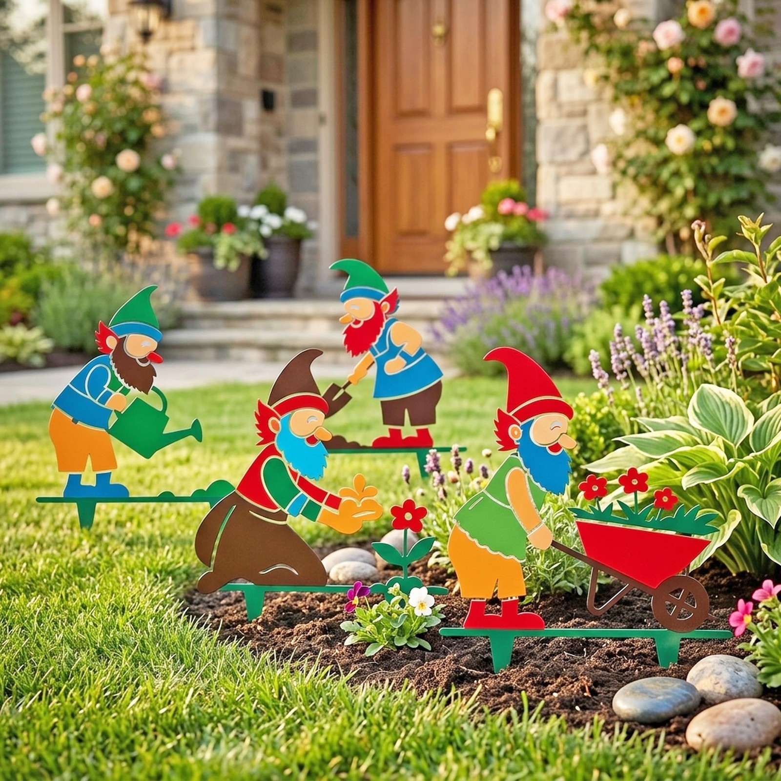 GyovinnJuwanua Funny Metal Gnome Garden Stakes – 4Pcs Colorful Printed Lawn D…