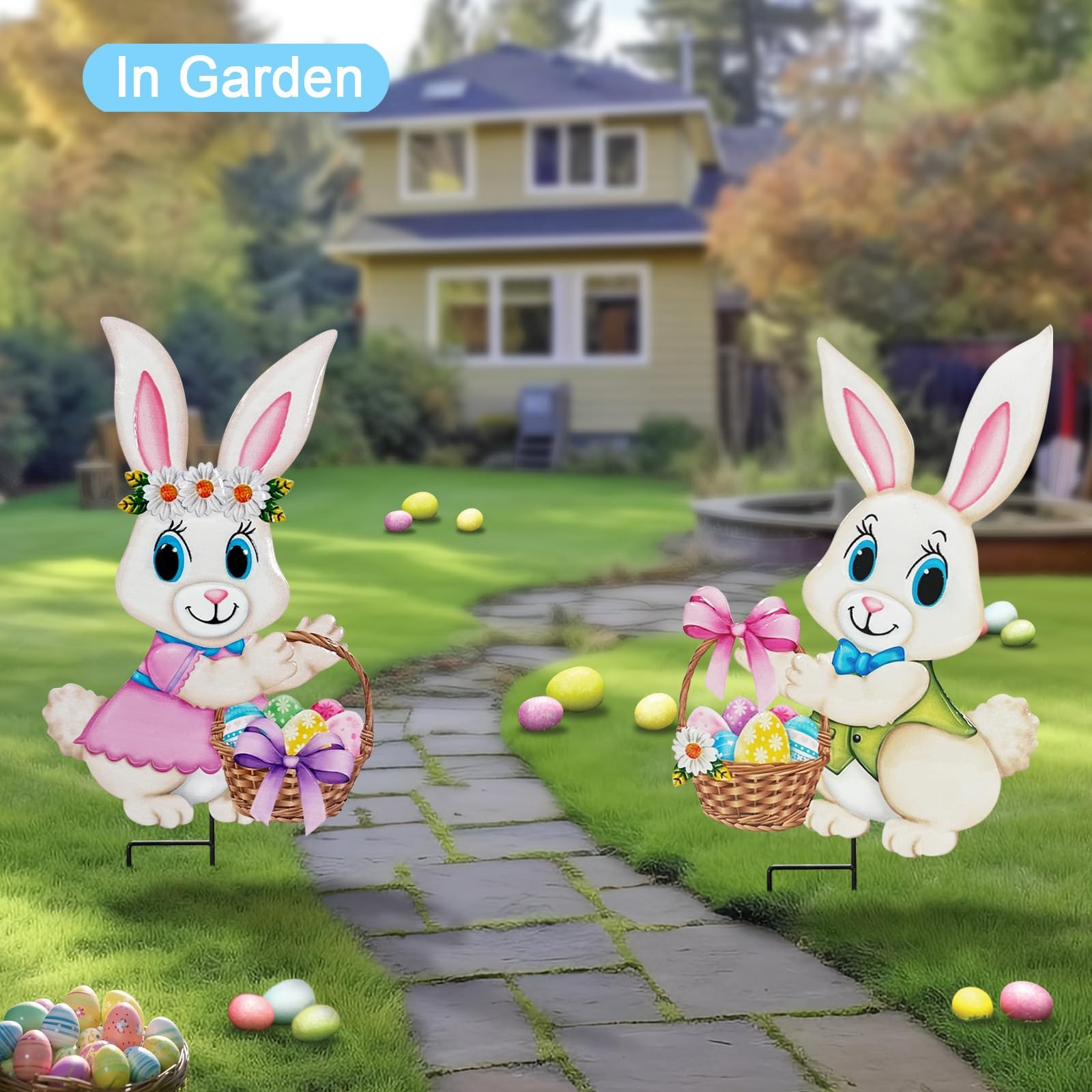 Easter Decorations Outdoor 2 Pack Metal Bunny Yard Signs & Egg Stakes