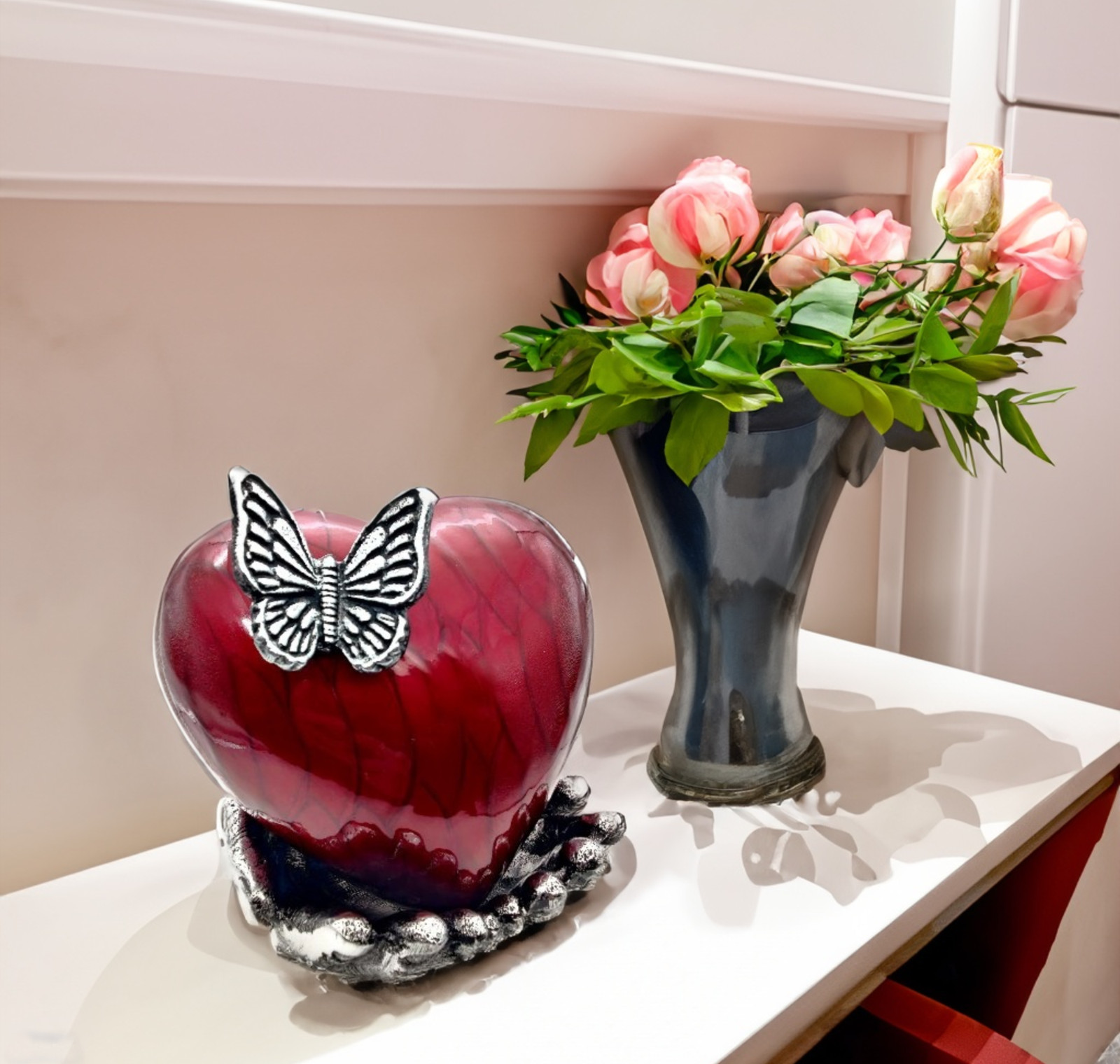 RED Butterfly Heart Cremation Urn for Ashes with Hand Shape Stand Memorial