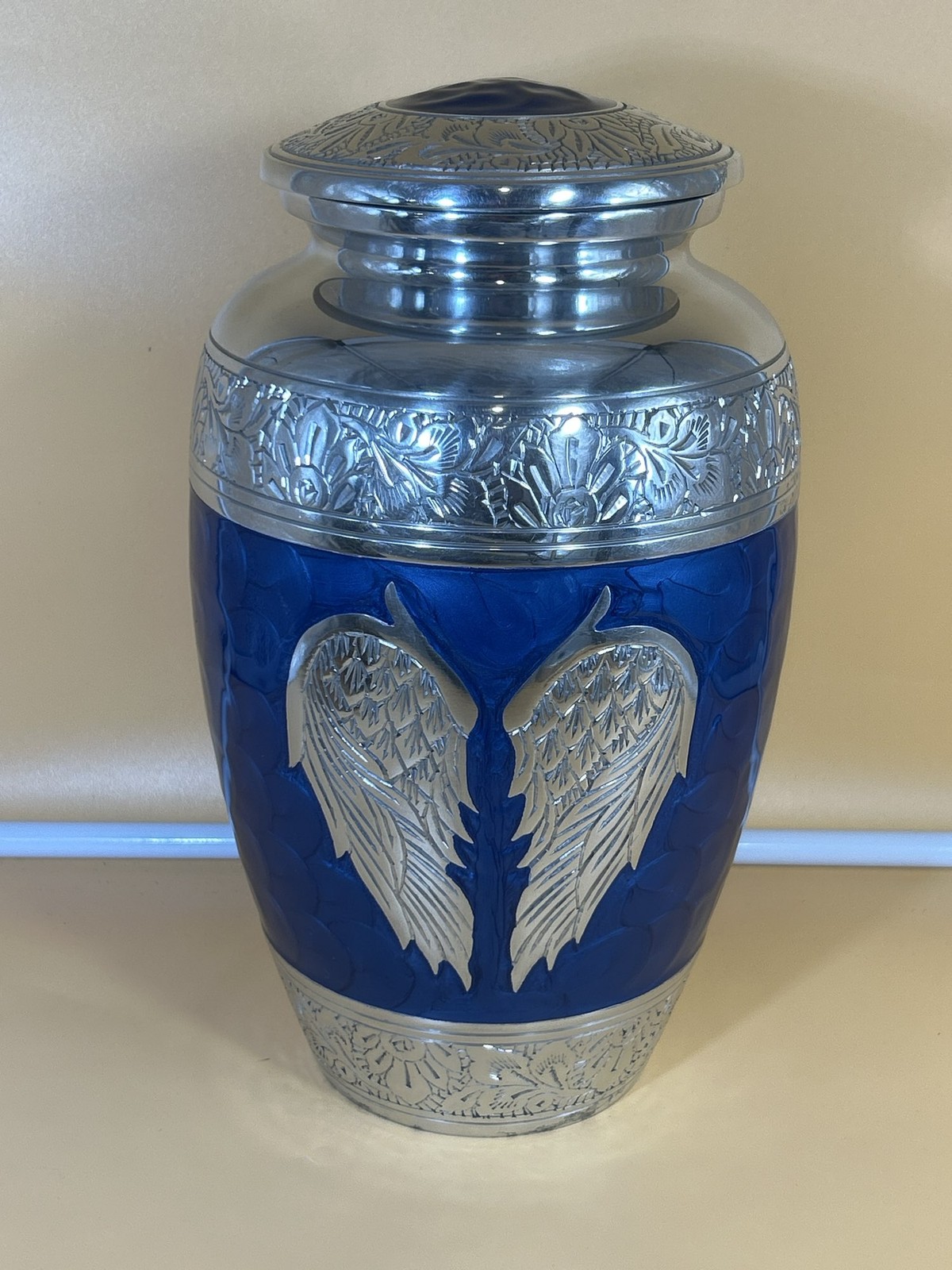 Beautiful Blue and Silver Angel Wings Cremation Urn Adult Memorial.