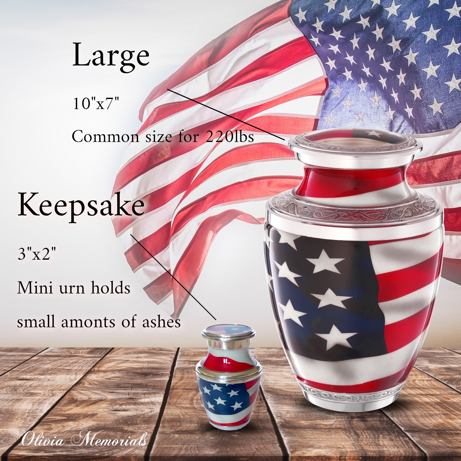 American Flag Urn for Ashes, Adult Patriotic Urns with FREE Pendant Necklace