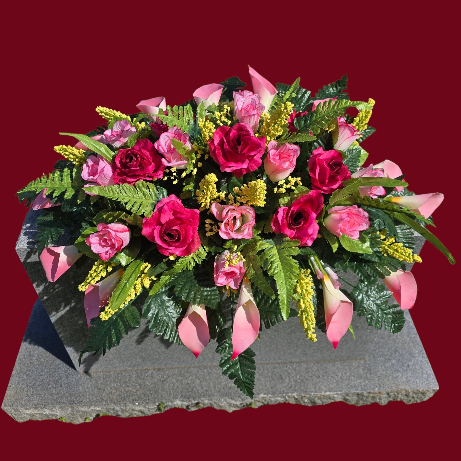 BEAUTY PINK HEADSTONE SADDLE WITH BEAUTY ROSES AND CALLA LILY’S FOR CEMETERY
