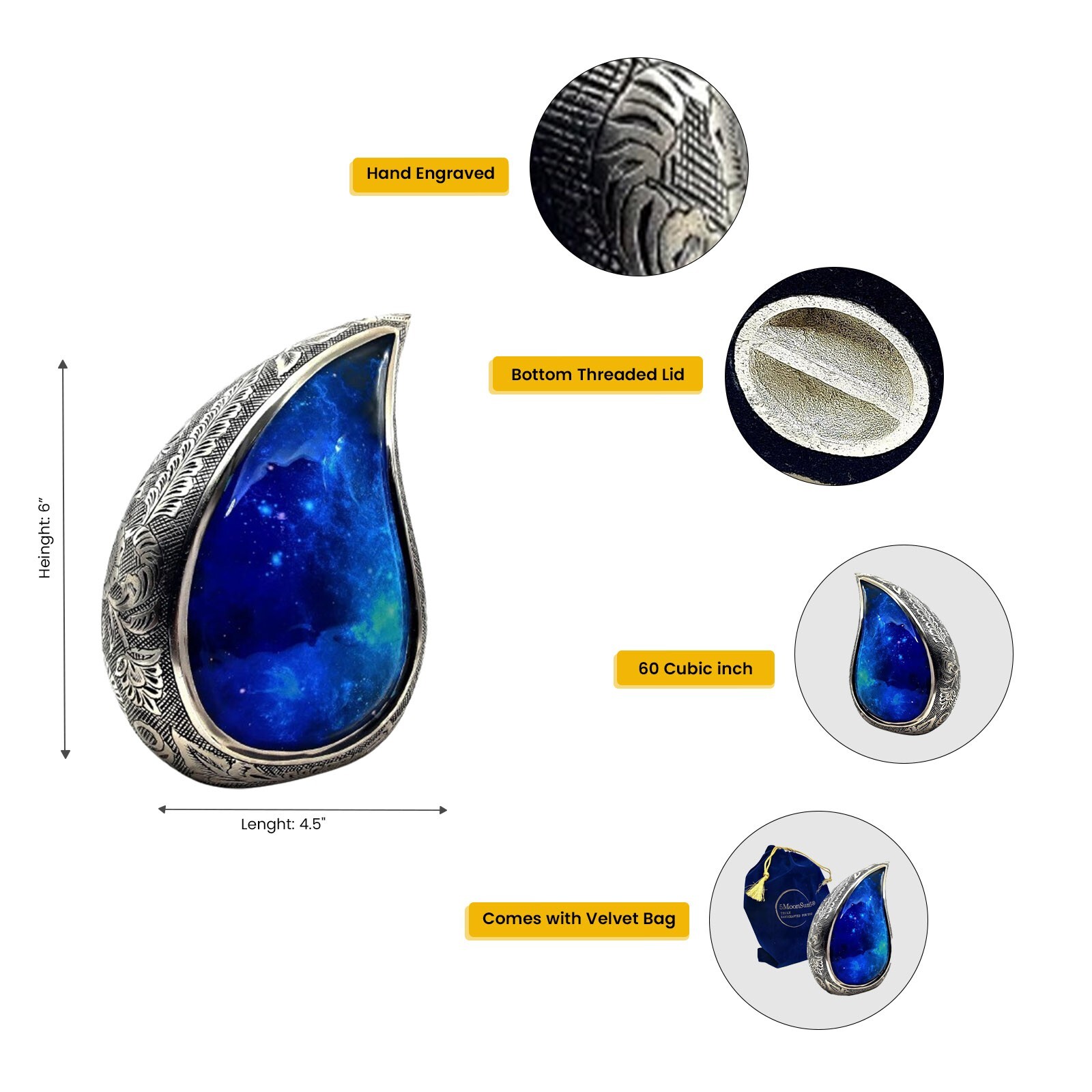 Galaxy Teardrop Urns for Human Ashes Funeral Cremation Urn with Velvet Bag 6inch