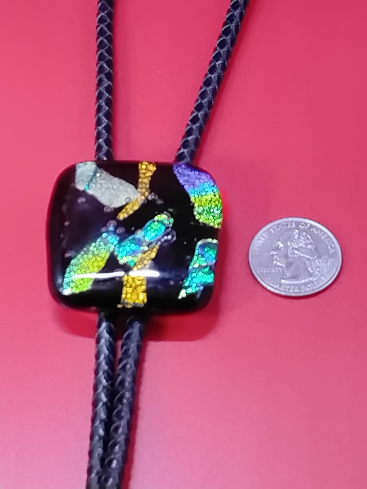 Dichroic Bolo for Cremation Urn | Modern Western Bolo | Black Genuine Leather