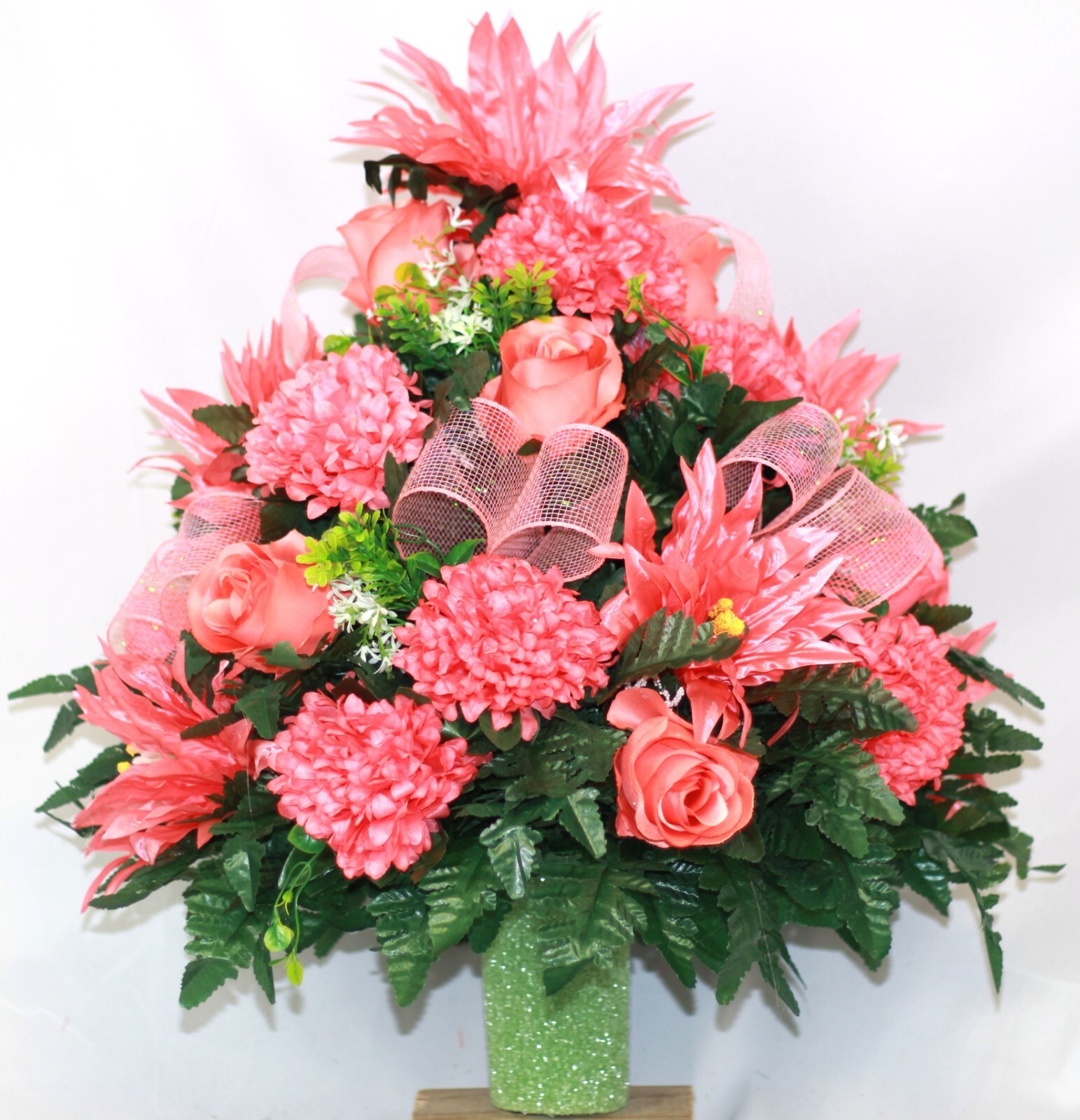 XL Handcrafted 360 Degree Coral Spring Mixture Cemetery Vase Flower Arrangement-