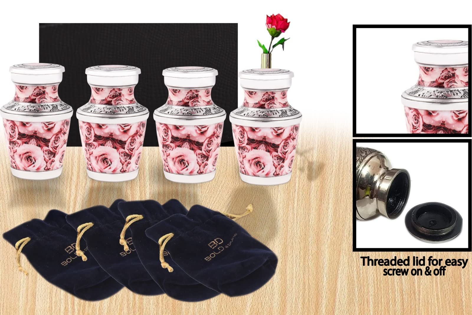 Pink Rose Keepsake Urn, Handcrafted Aluminium, Set of 4 Mini Urns – Honor Your