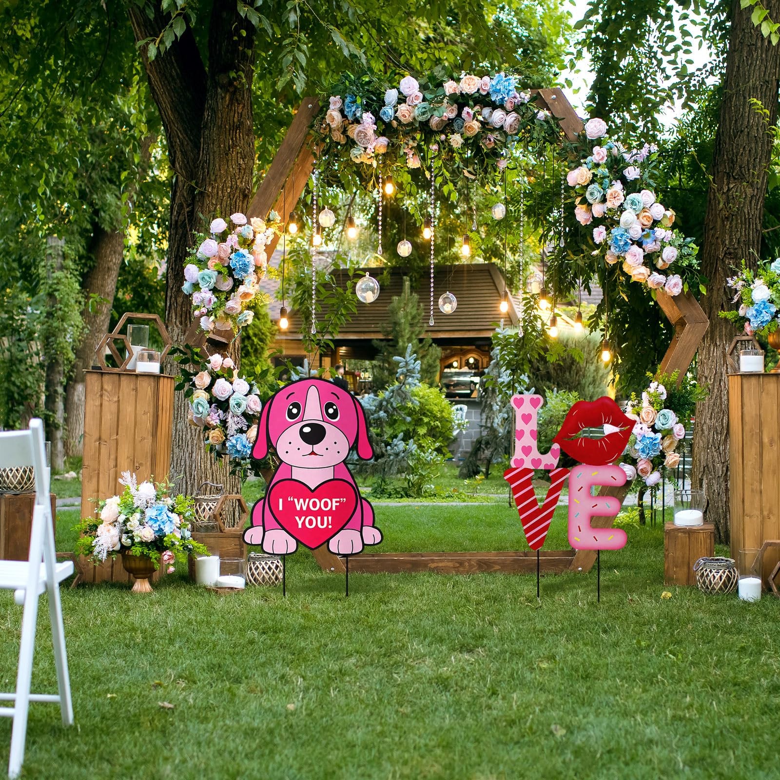 2 Pcs Valentines Day Yard Signs Metal Pink Dog with Heart Decoration Outdoor …