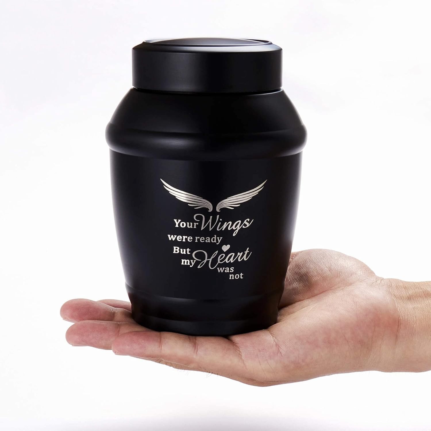 Stainless Steel Cremation Urn – Beautiful Black Angel Wings – 5.7″