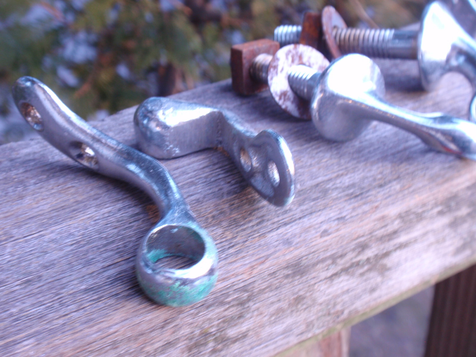 LOT OF 6 VINTAGE STAILESS STEEL / CHROME MEDICAL HANDLES , CLAMPS FUNERAL HOME