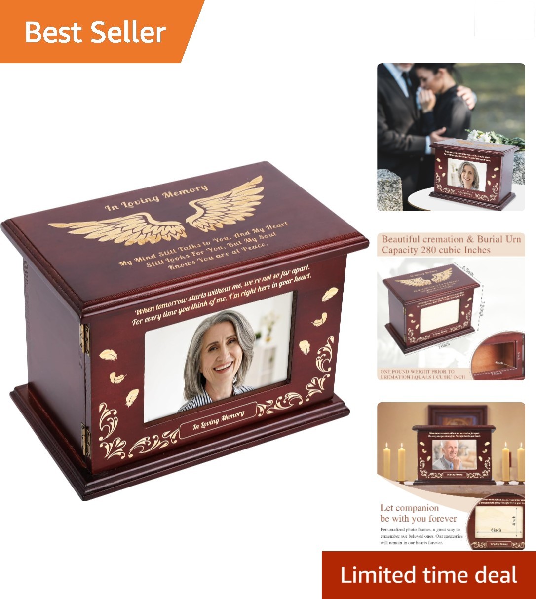 Himake Cremation Urn For Adult Ashes Walnut Wood Photo Frame 280 Lbs