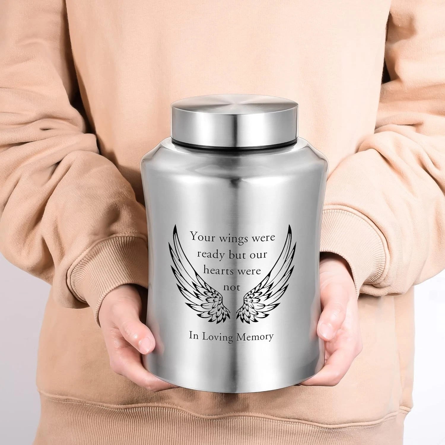 Large Stainless Steel Cremation Urn for Adults with Wings Engraving Silver