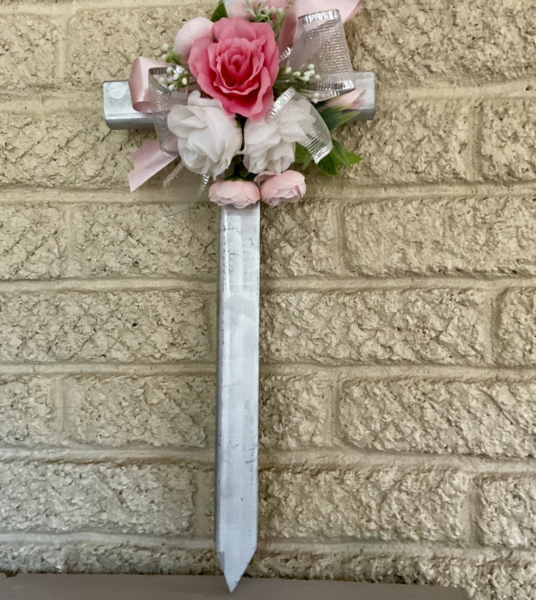 Cemetery flowers, cemetery decoration, memorial flowers for a female, cross memo