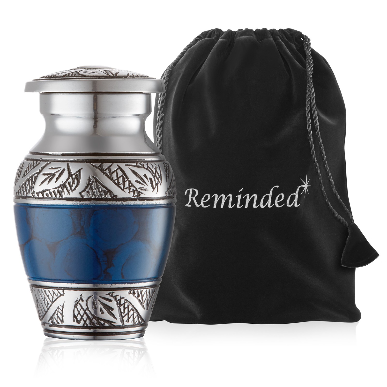 Small Keepsake Cremation Urns for Human Ashes, Set of 6 Blue and Silver w Case