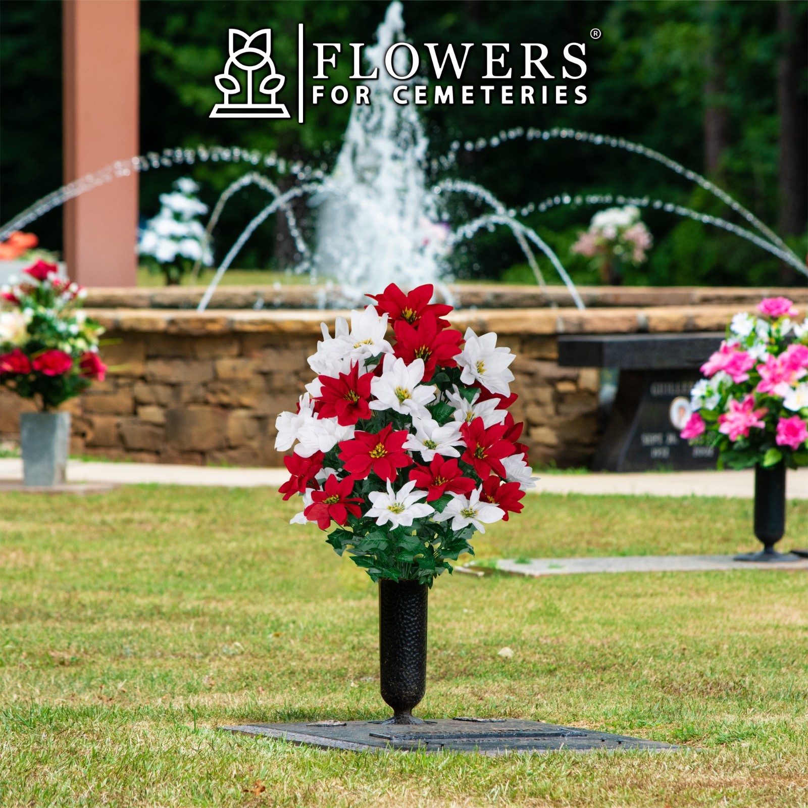 Artificial Cemetery Flowers – Red and White Poinsettias Bouquet
