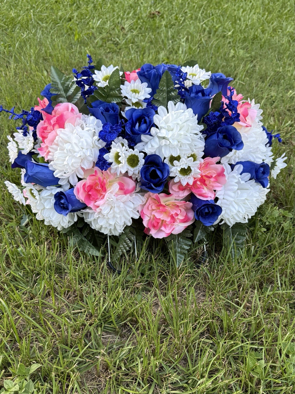 Cemetery Memorial Headstone Saddle Silk Flower Arrangement Blue & Cream