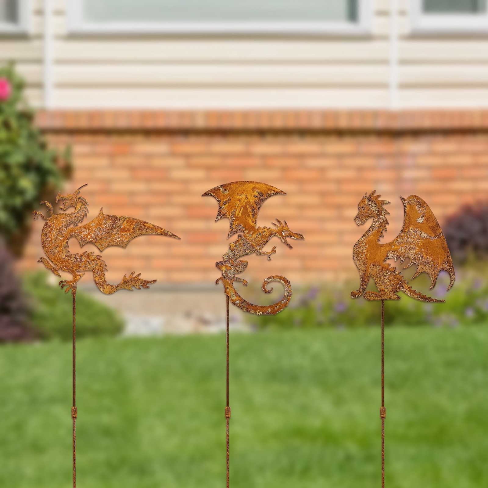 Rusty Fantasy Dragon Garden Stakes Decor, 24 Inch Metal Yard Art Decor