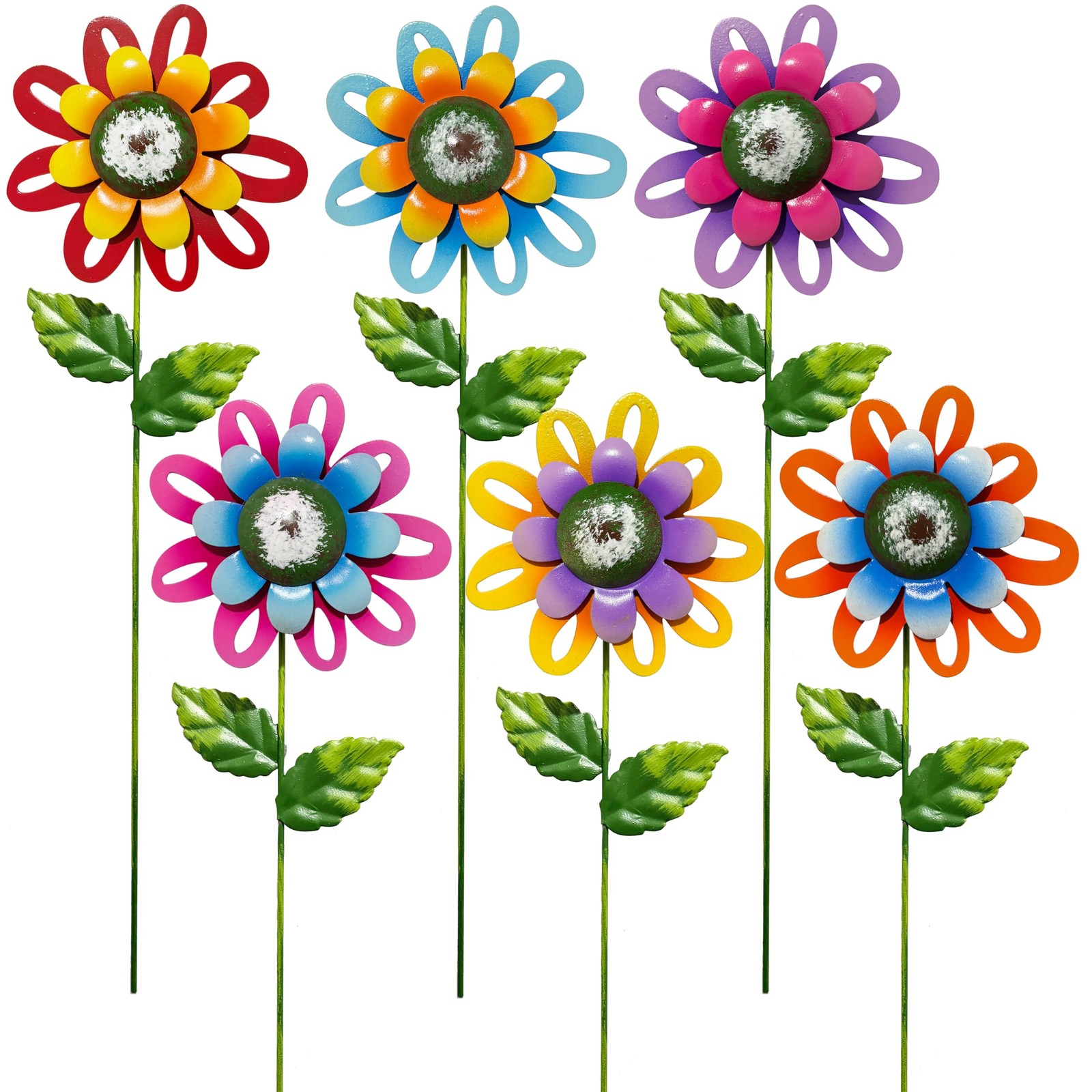 Metal Flower Garden Stakes Set of 6, Outdoor Yard Art Decorations, Hand-Paint…